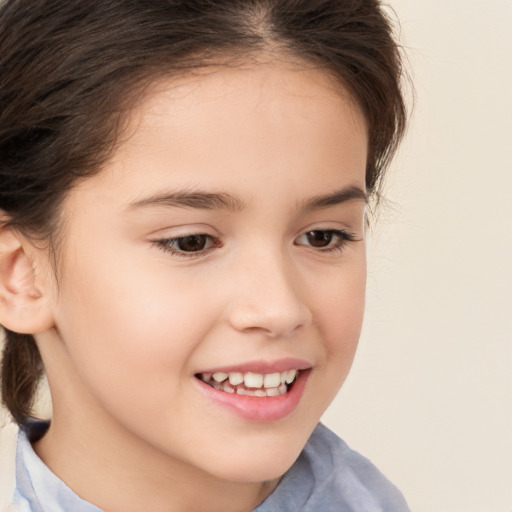 Joyful white child female with medium  brown hair and brown eyes