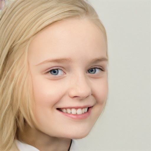 Joyful white child female with medium  blond hair and blue eyes