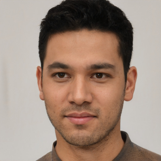 Neutral asian young-adult male with short  black hair and brown eyes