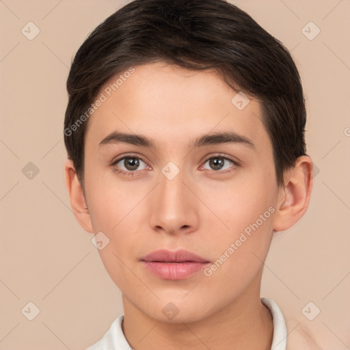 Neutral white young-adult female with short  brown hair and brown eyes