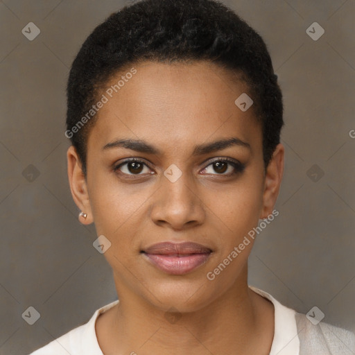 Joyful black young-adult female with short  brown hair and brown eyes