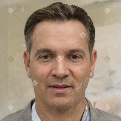 Neutral white adult male with short  brown hair and brown eyes