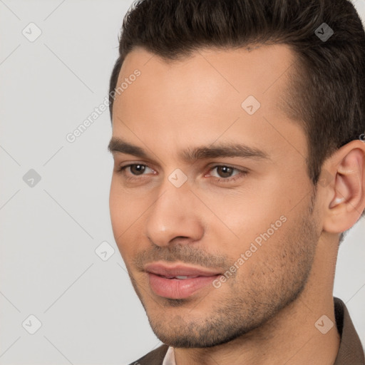 Joyful white young-adult male with short  brown hair and brown eyes