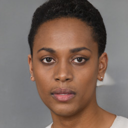 Neutral black young-adult female with short  black hair and brown eyes