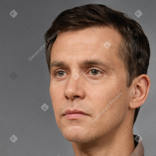 Neutral white adult male with short  brown hair and brown eyes