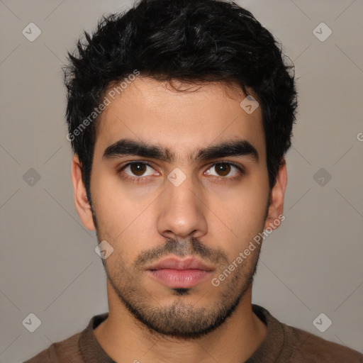 Neutral latino young-adult male with short  black hair and brown eyes