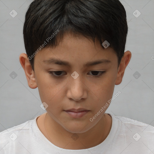 Joyful white child male with short  brown hair and brown eyes