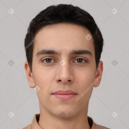 Neutral white young-adult male with short  brown hair and brown eyes