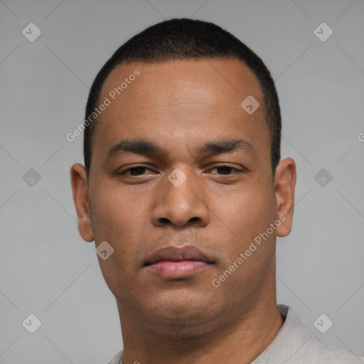 Neutral black young-adult male with short  black hair and brown eyes