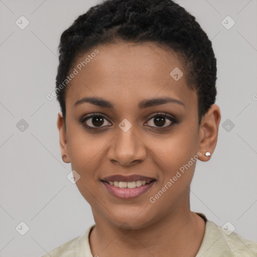 Joyful latino young-adult female with short  black hair and brown eyes