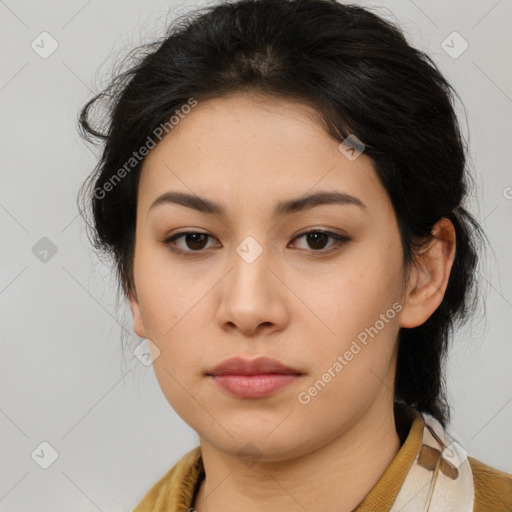 Neutral latino young-adult female with medium  brown hair and brown eyes