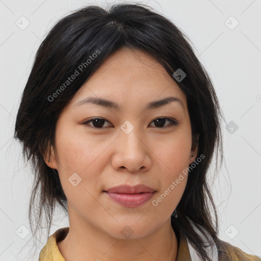 Joyful asian young-adult female with medium  brown hair and brown eyes