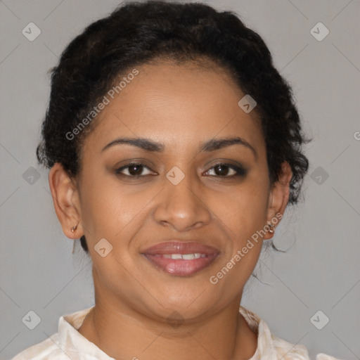 Joyful latino young-adult female with short  brown hair and brown eyes