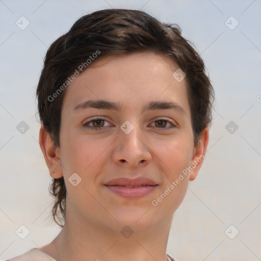 Joyful white young-adult female with short  brown hair and brown eyes