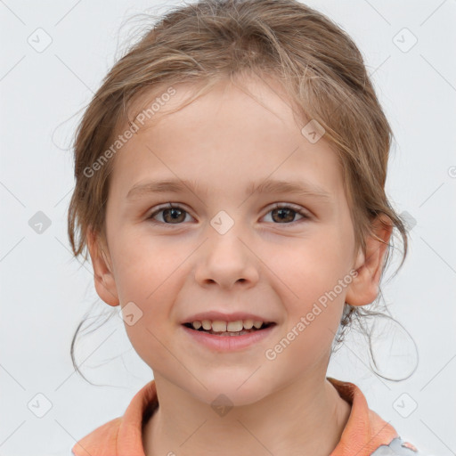 Joyful white child female with medium  brown hair and brown eyes