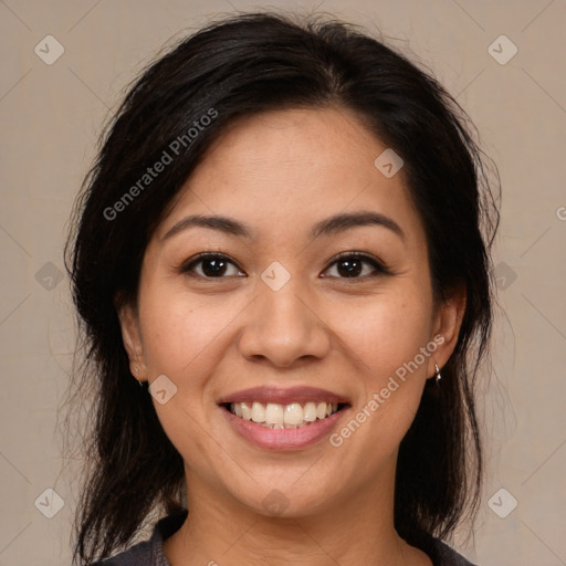 Joyful white young-adult female with medium  brown hair and brown eyes