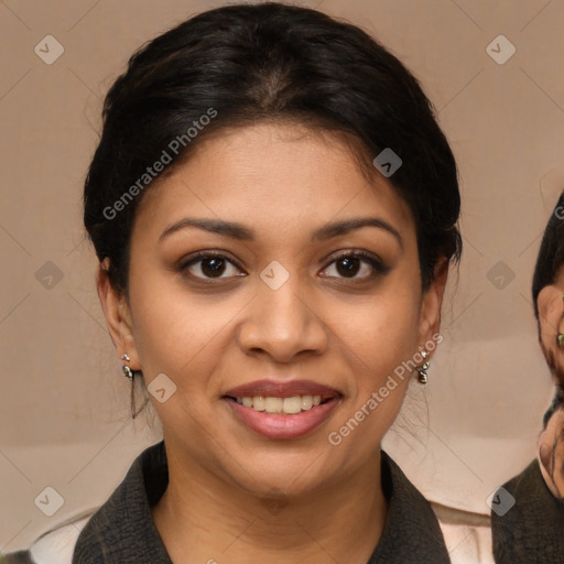 Joyful latino young-adult female with medium  brown hair and brown eyes