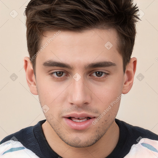 Neutral white young-adult male with short  brown hair and brown eyes