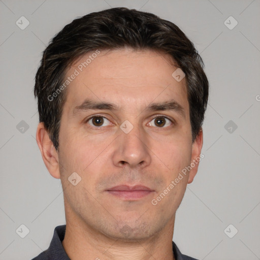 Neutral white adult male with short  brown hair and brown eyes