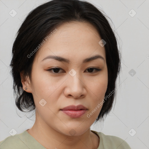 Neutral asian young-adult female with medium  brown hair and brown eyes