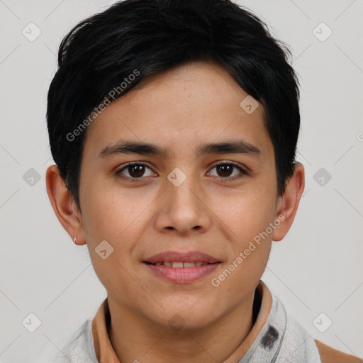 Joyful white young-adult male with short  black hair and brown eyes