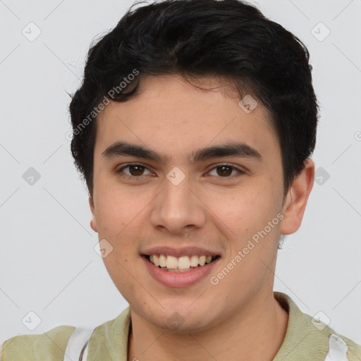 Joyful latino young-adult male with short  brown hair and brown eyes