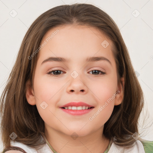 Joyful white child female with medium  brown hair and brown eyes