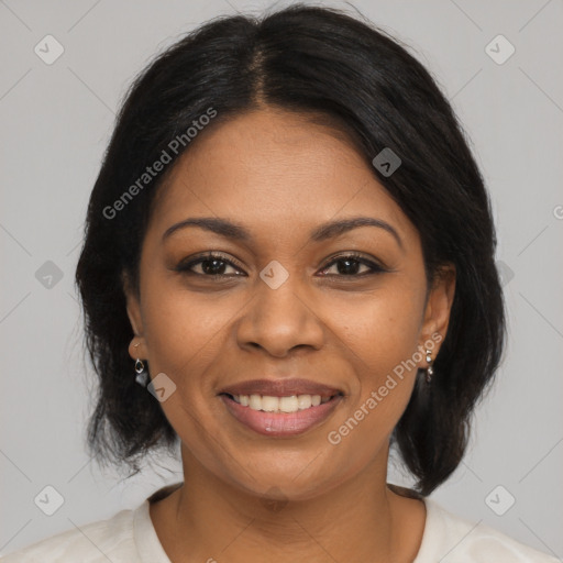 Joyful latino young-adult female with medium  brown hair and brown eyes