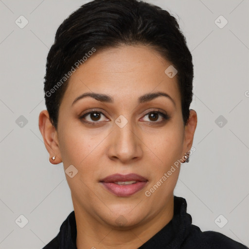 Joyful latino young-adult female with short  brown hair and brown eyes