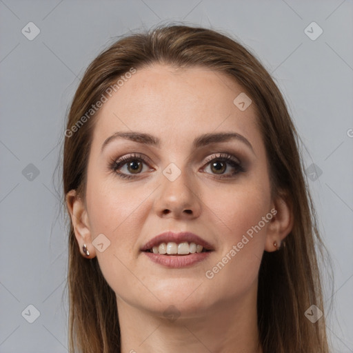 Joyful white young-adult female with long  brown hair and grey eyes