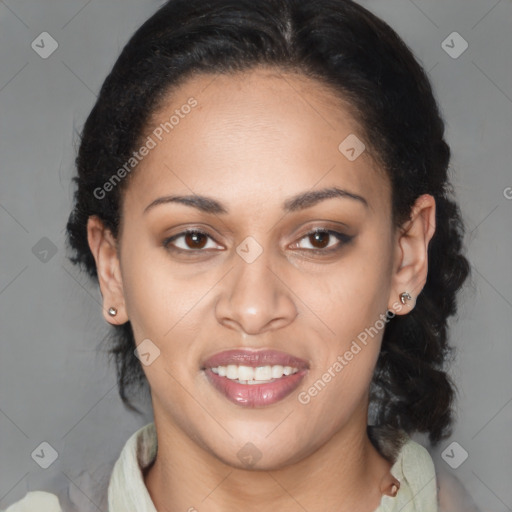 Joyful latino young-adult female with medium  brown hair and brown eyes