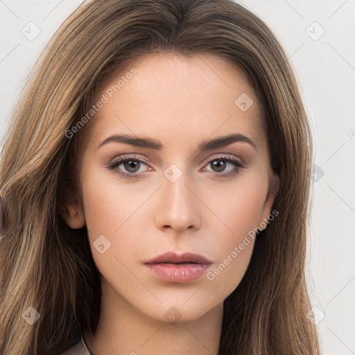 Neutral white young-adult female with long  brown hair and brown eyes