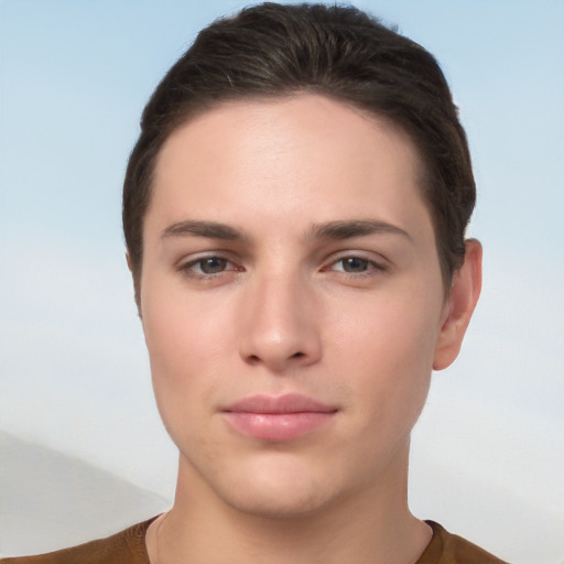 Neutral white young-adult female with short  brown hair and brown eyes