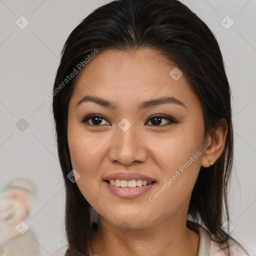 Joyful asian young-adult female with medium  brown hair and brown eyes