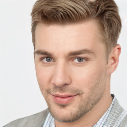 Neutral white young-adult male with short  brown hair and grey eyes
