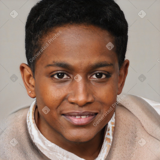 Joyful black young-adult male with short  brown hair and brown eyes