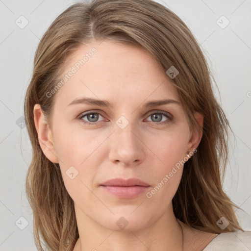 Neutral white young-adult female with medium  brown hair and grey eyes