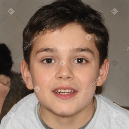 Joyful white child male with medium  brown hair and brown eyes