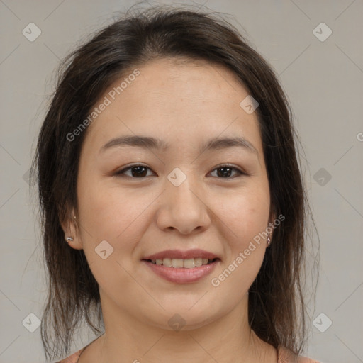 Joyful asian young-adult female with medium  brown hair and brown eyes