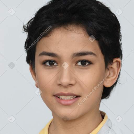 Joyful latino young-adult female with short  brown hair and brown eyes