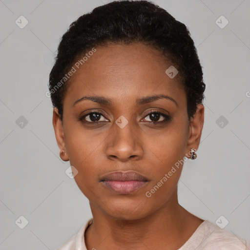 Neutral black young-adult female with short  black hair and brown eyes