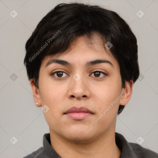 Neutral asian young-adult female with short  black hair and brown eyes