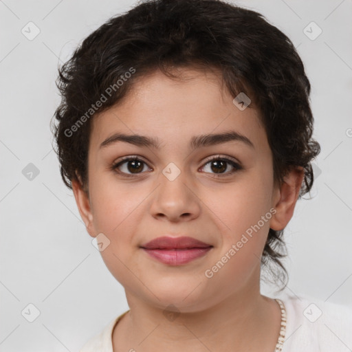 Joyful white child female with short  brown hair and brown eyes