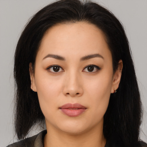 Neutral asian young-adult female with long  black hair and brown eyes