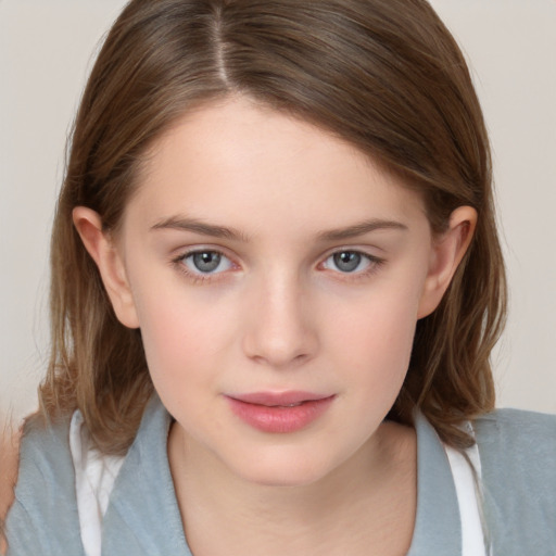 Joyful white child female with medium  brown hair and brown eyes