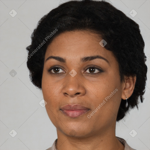 Neutral black adult female with short  black hair and brown eyes