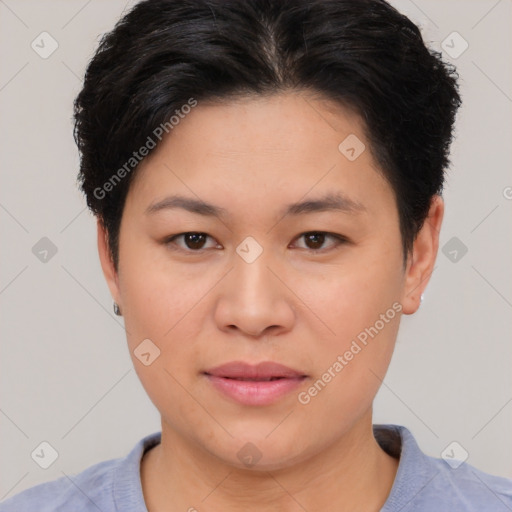 Joyful asian young-adult female with short  brown hair and brown eyes