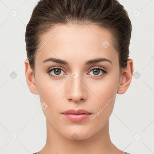 Neutral white young-adult female with short  brown hair and brown eyes