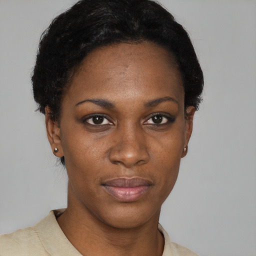 Neutral black young-adult female with short  brown hair and brown eyes