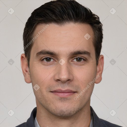 Joyful white young-adult male with short  brown hair and brown eyes